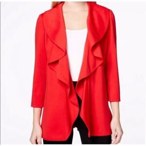 Calvin Klein Blazer Suit Jacket Topper Ruffle Open Front 3/4 Sleeve Red Size 8